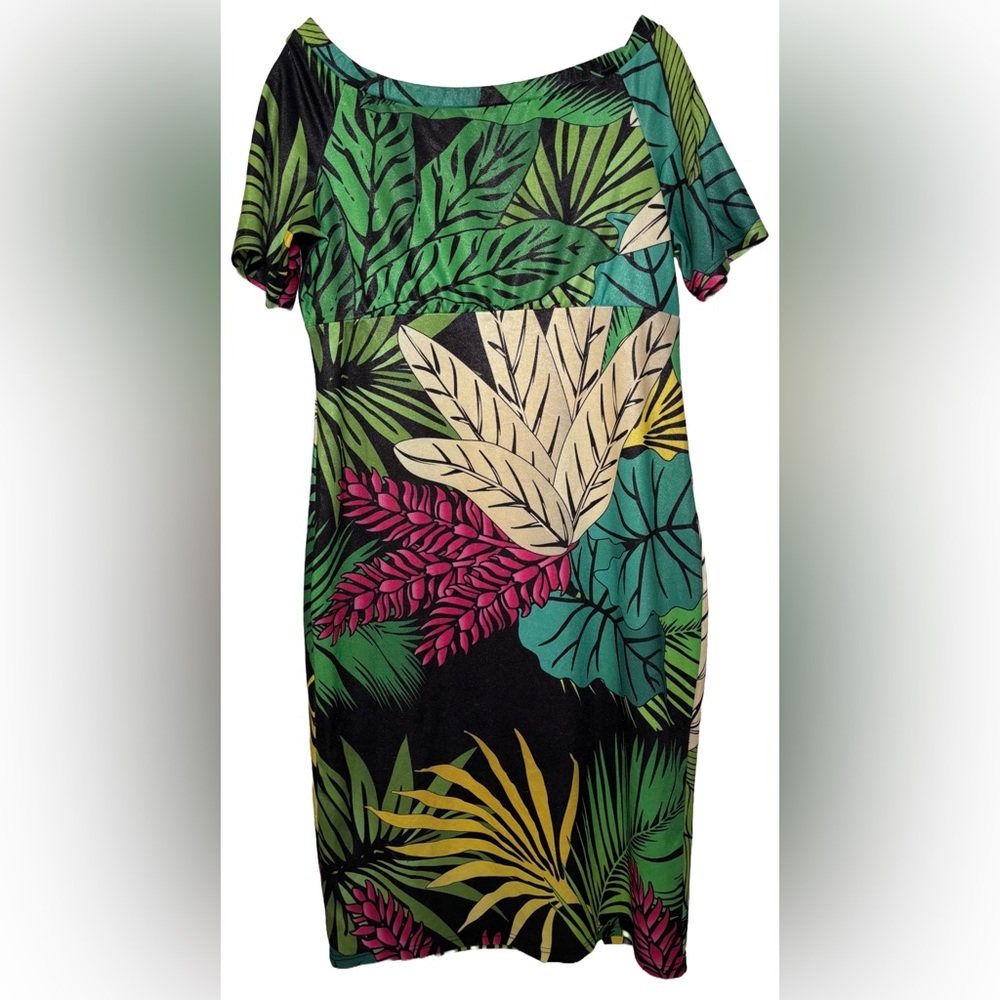 Mena 18 Plant Print Sparkly Fabric Short Sleeve Dress